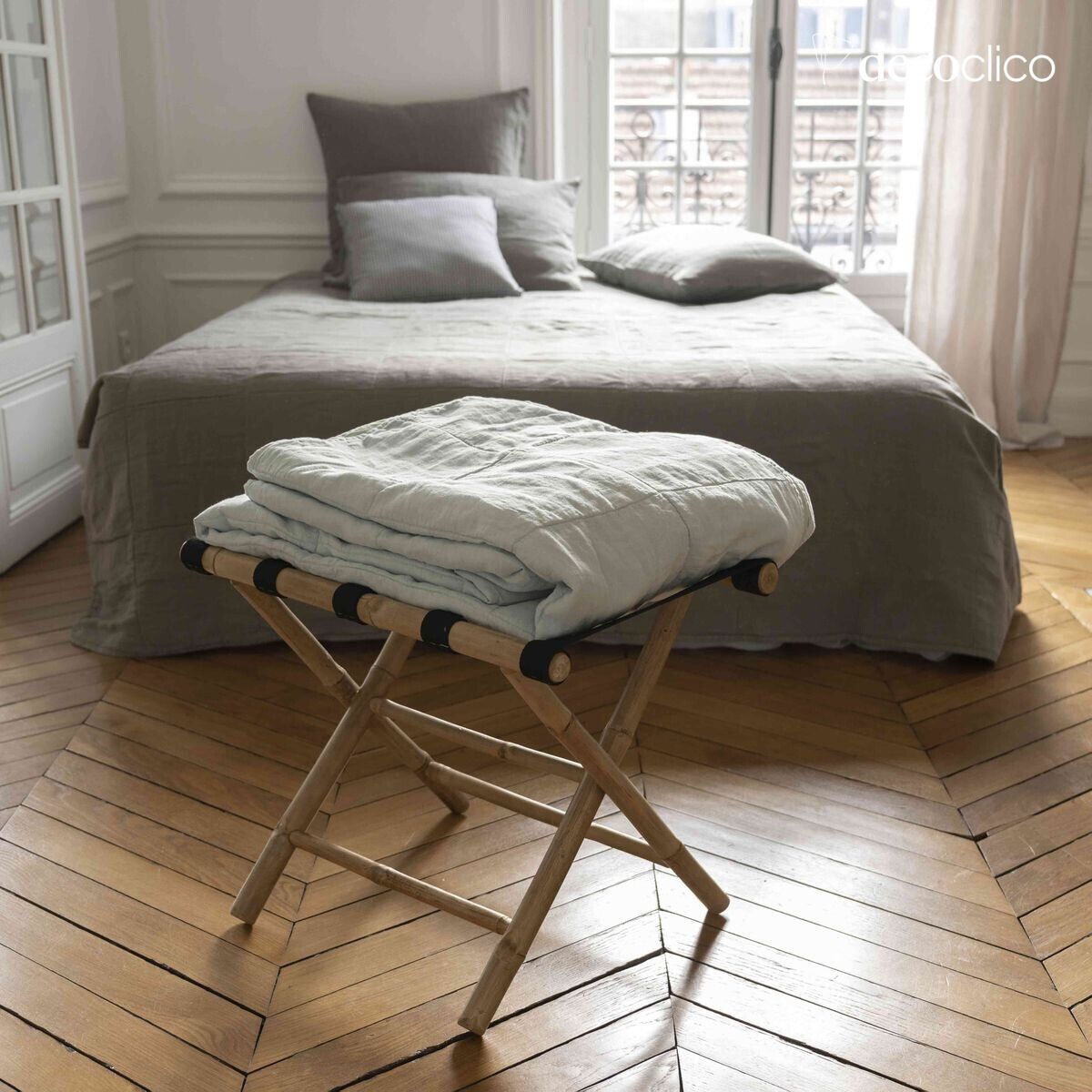 Porte-valise pliant en bambou et 4 sangles en tissu noir Taman