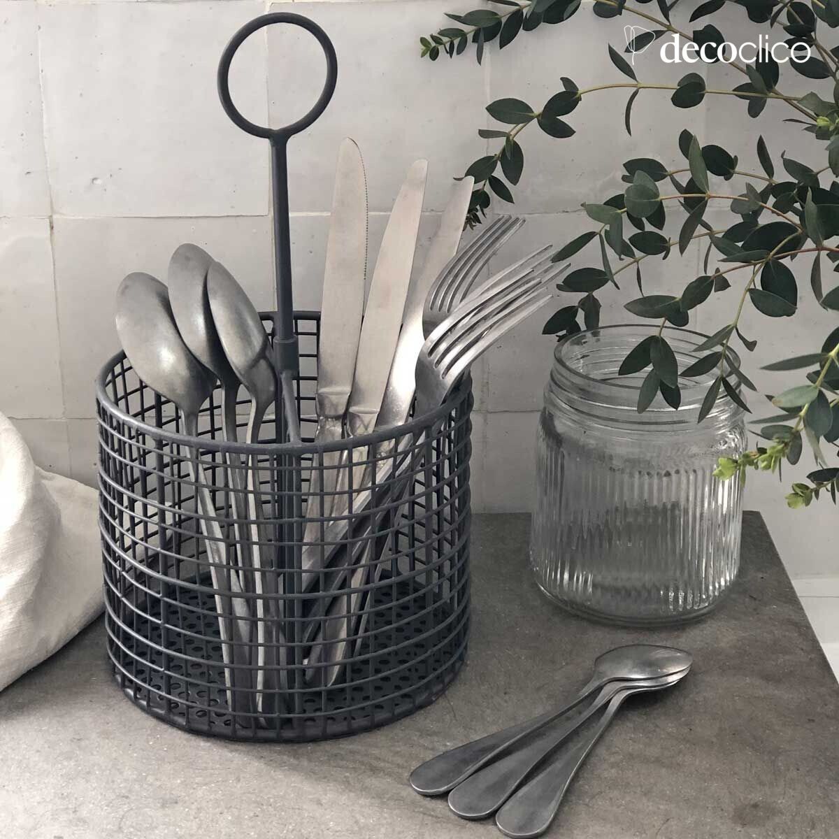 Pot range-couverts en métal finition anthracite 2 compartiments et anse Greed