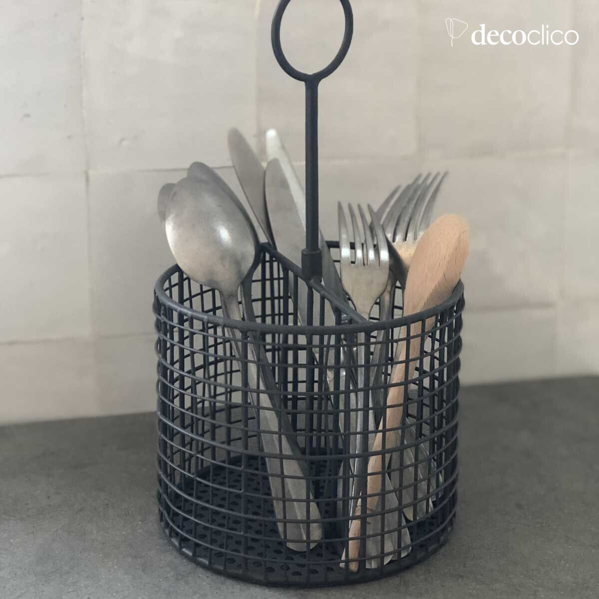 Pot range-couverts en métal finition anthracite 2 compartiments et anse Greed