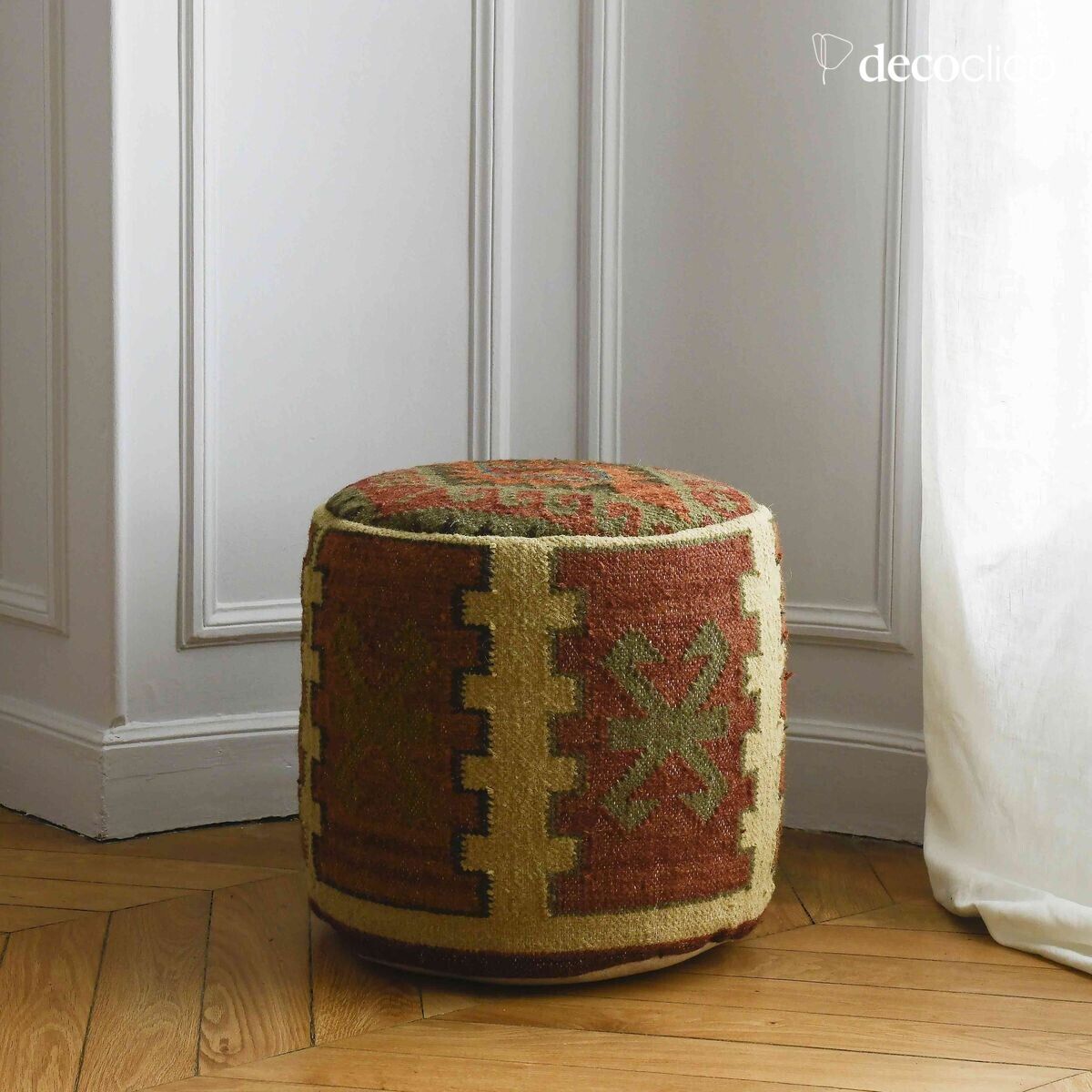 Pouf en coton et laine à motifs kilim colorés tissé main