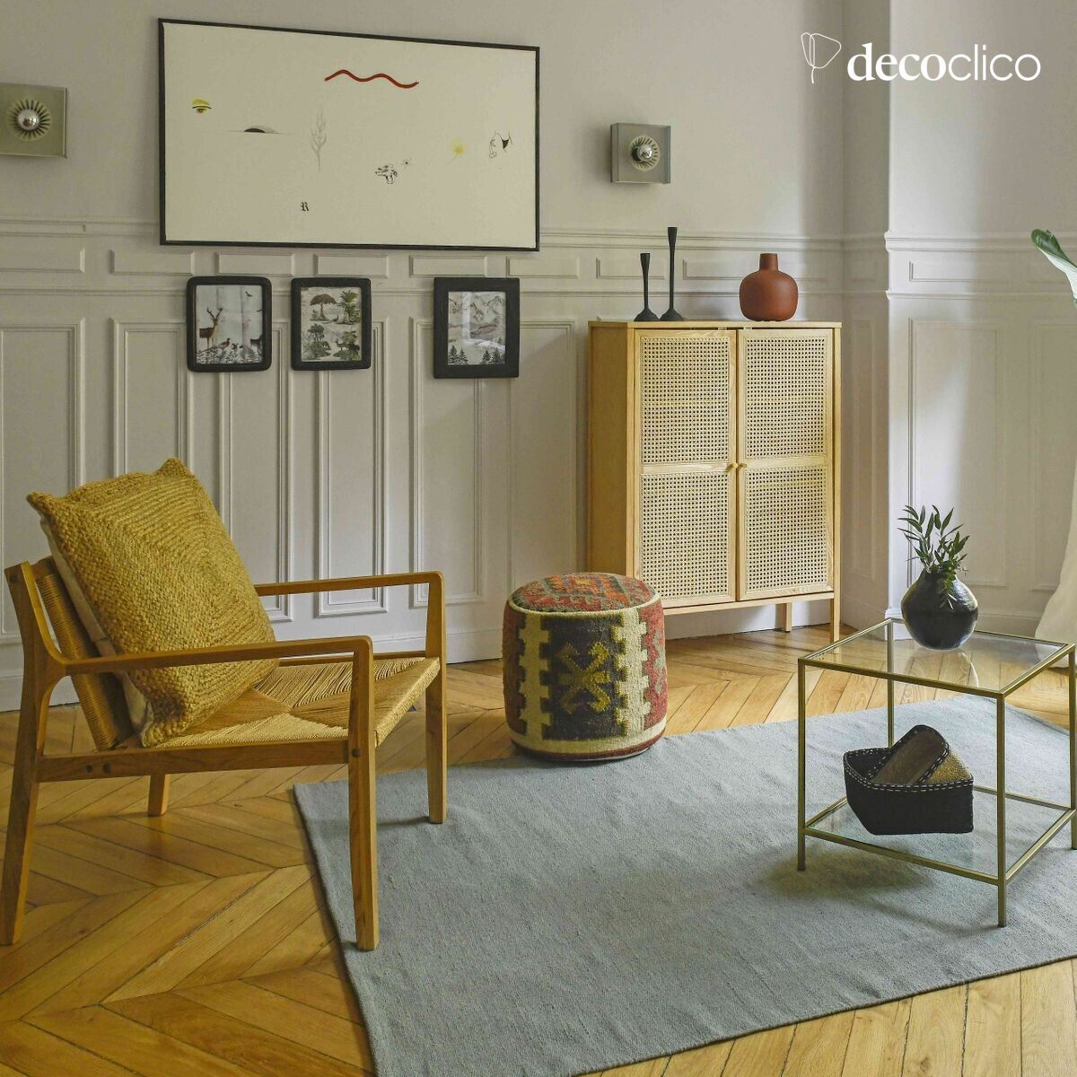 Pouf in cotone e lana con motivi kilim colorati intrecciati a mano