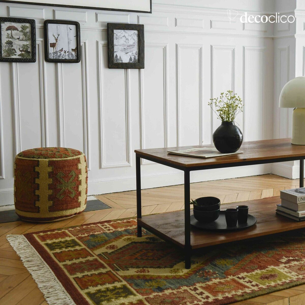 Pouf in cotone e lana con motivi kilim colorati intrecciati a mano