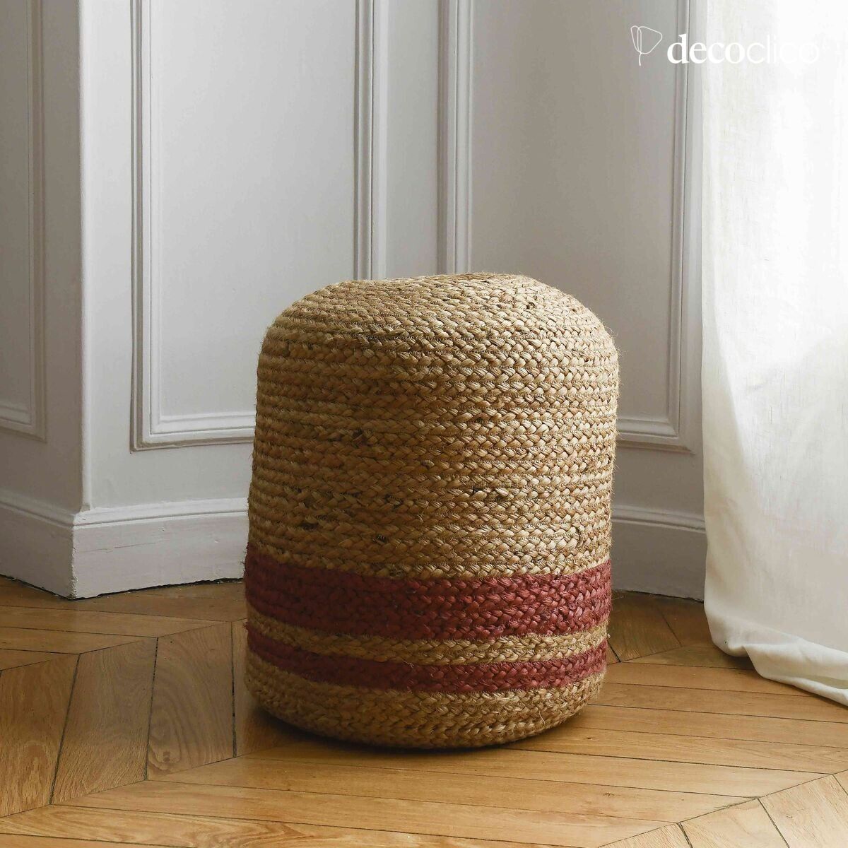 Pouf in iuta naturale intrecciata a mano e fasce in terracotta