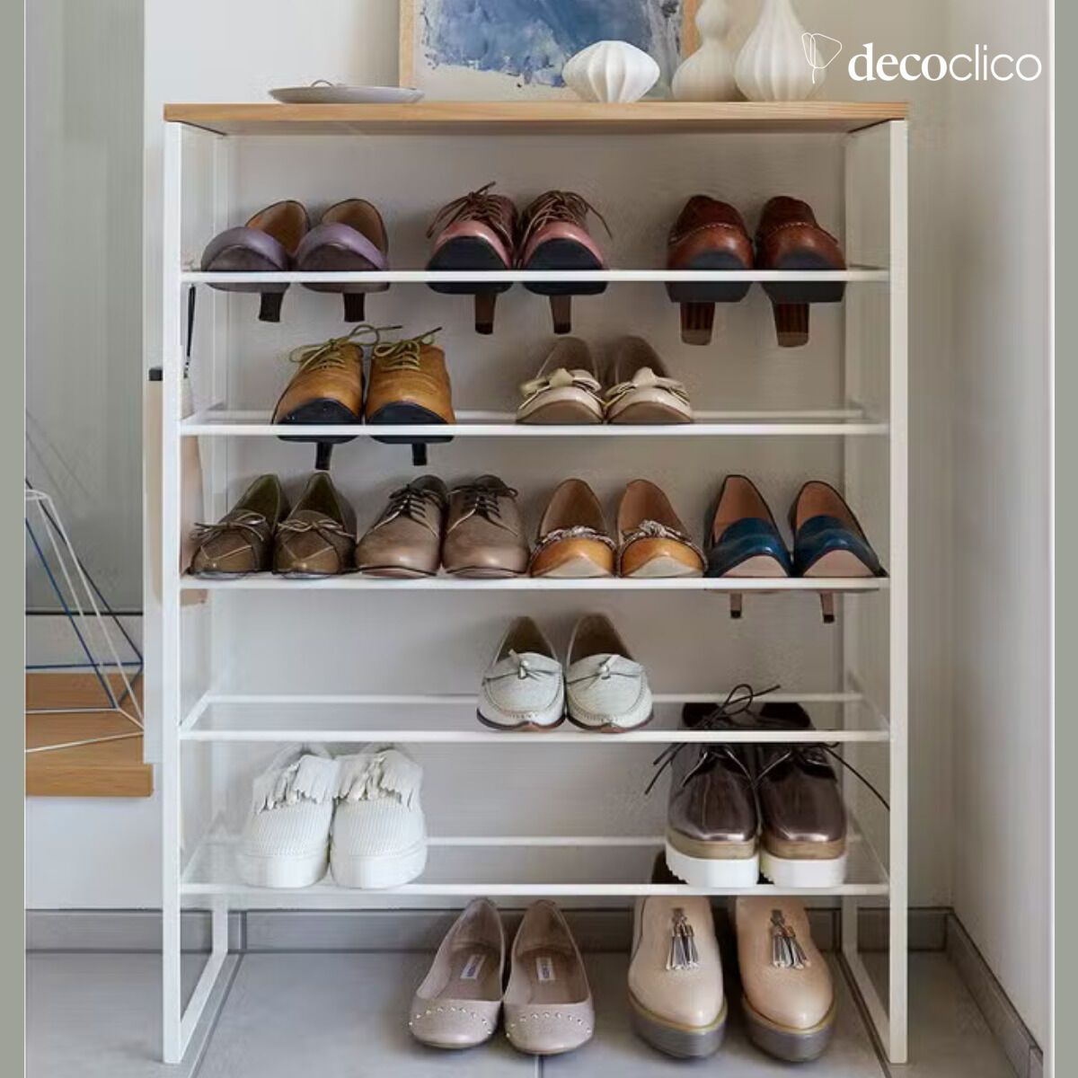 Rangement à chaussures 6 niveaux en acier blanc et bois couleur naturelle Tower