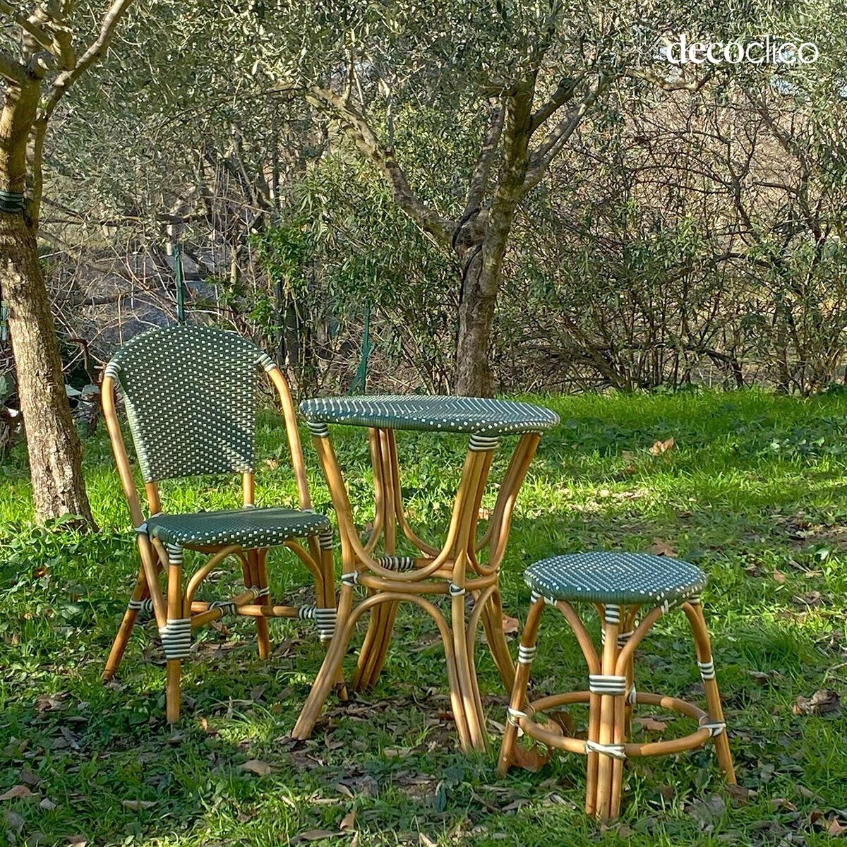 Rattan and woven resin bistro table, green and white Belleville