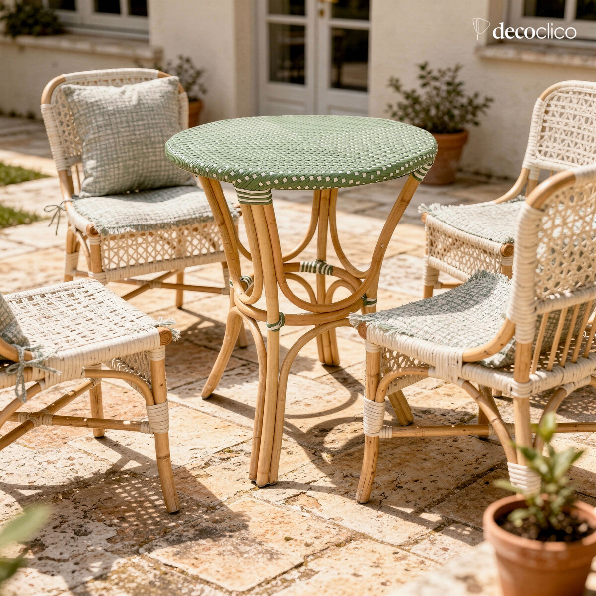 Rattan and woven resin bistro table, green and white Belleville