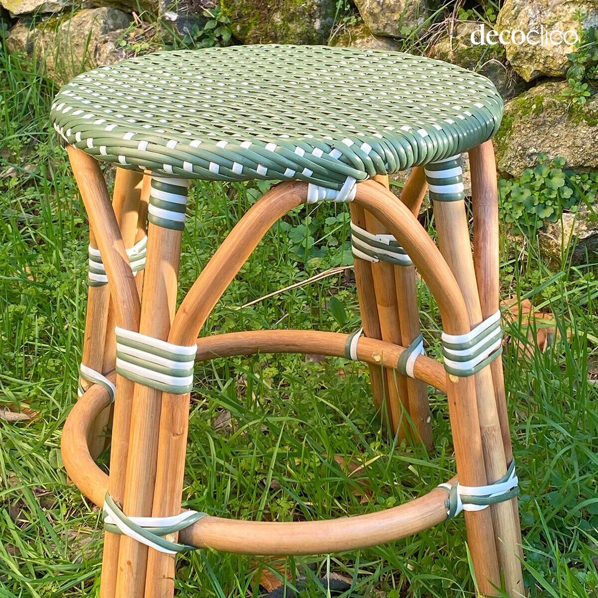 Rattan stool with green and white woven resin Belleville