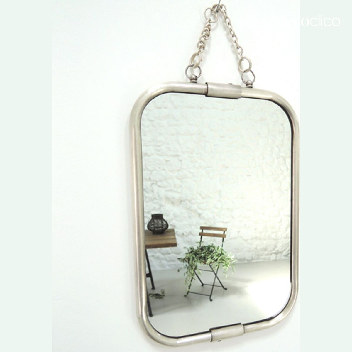 Rechteckiger Friseurspiegel aus versilbertem Nickel mit Kette 28 x 18 cm Chaumont