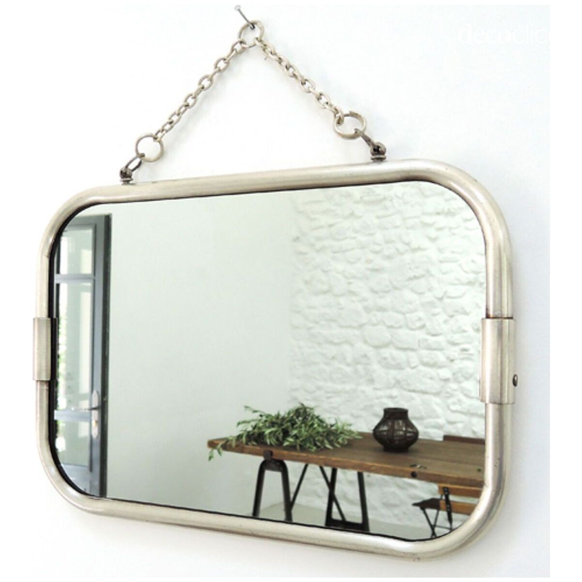 Rectangular barber mirror in silver-plated nickel with chain 28 x 18 cm Chaumont