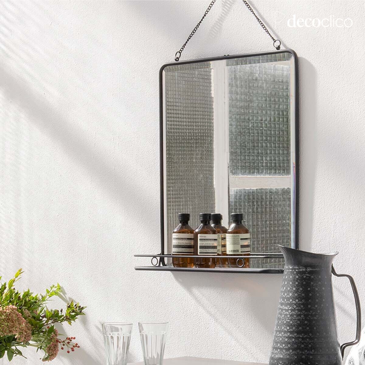 Rectangular black metal mirror with shelf and chain 41 x 51 cm Chaumont