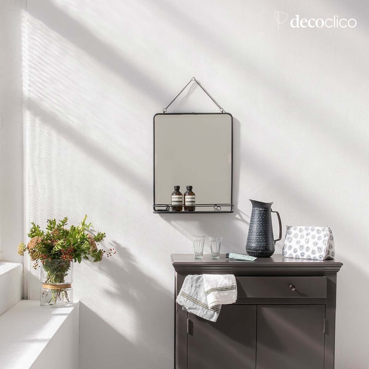 Rectangular black metal mirror with shelf and chain 41 x 51 cm Chaumont