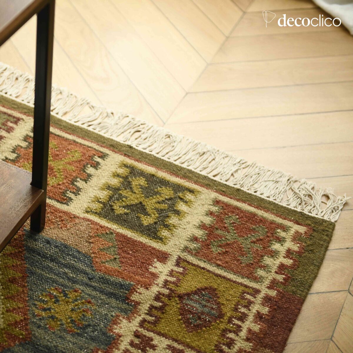 Rectangular cotton and wool rug with hand-woven colorful kilim patterns 140 x 20 Fro