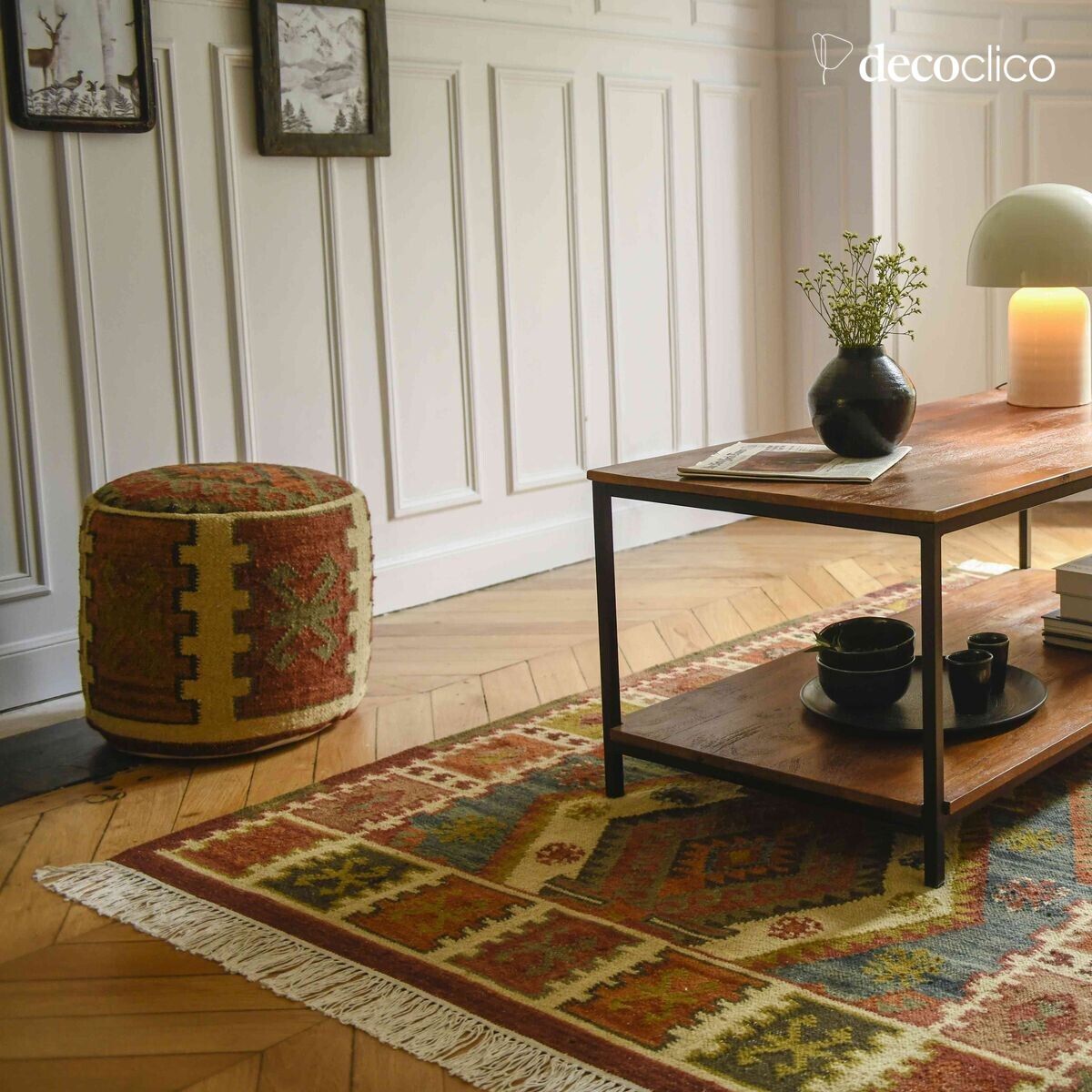 Rectangular cotton and wool rug with hand-woven colorful kilim patterns 140 x 20 Fro