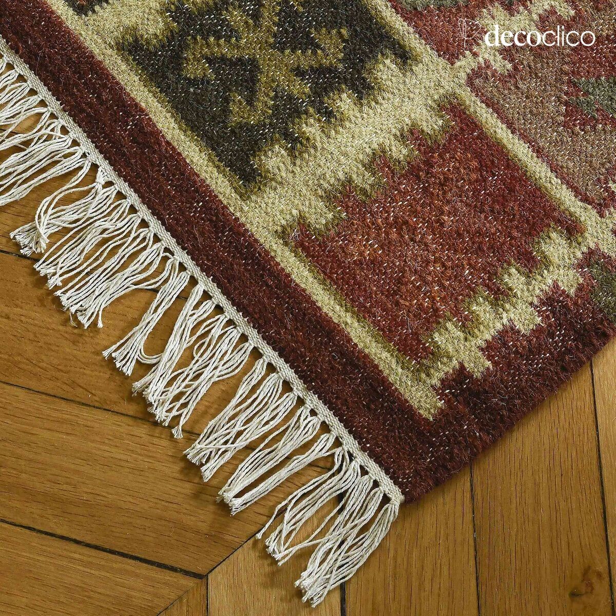 Rectangular cotton and wool rug with hand-woven colorful kilim patterns 140 x 20 Fro