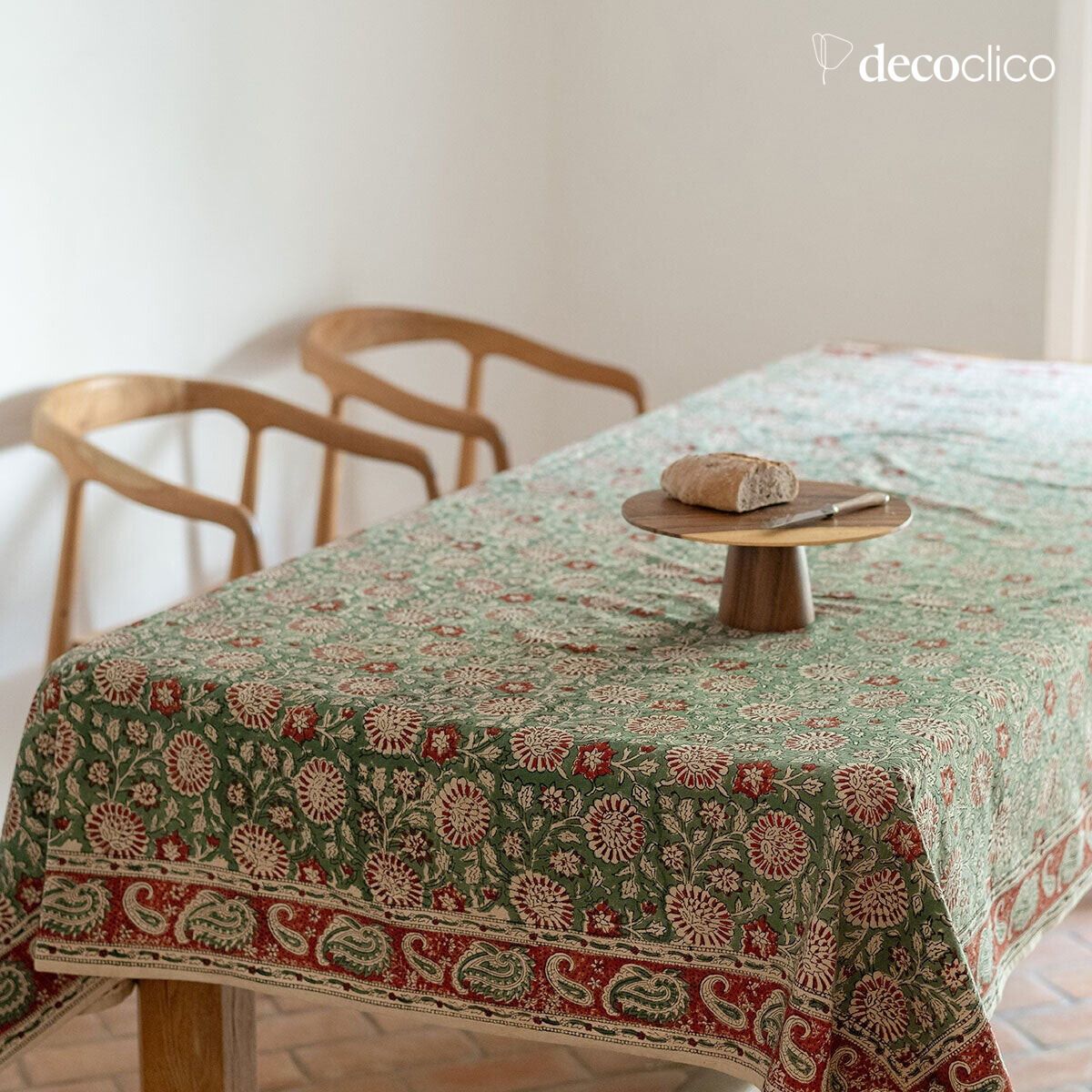 Rectangular cotton tablecloth, handmade, block print, predominantly green Pamir