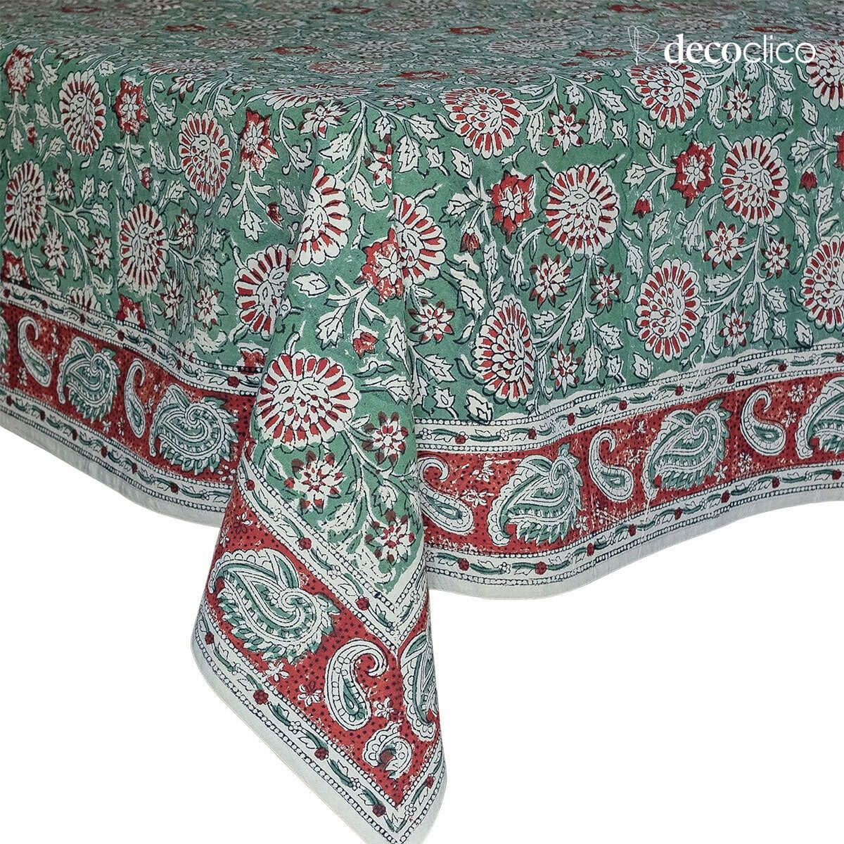 Rectangular cotton tablecloth, handmade, block print, predominantly green Pamir