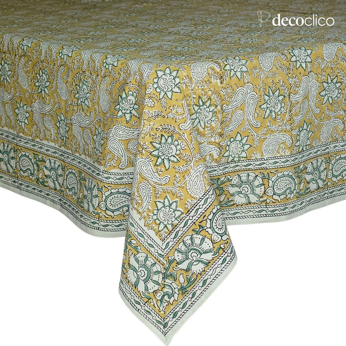 Rectangular hand-printed cotton tablecloth, predominantly yellow Pamir