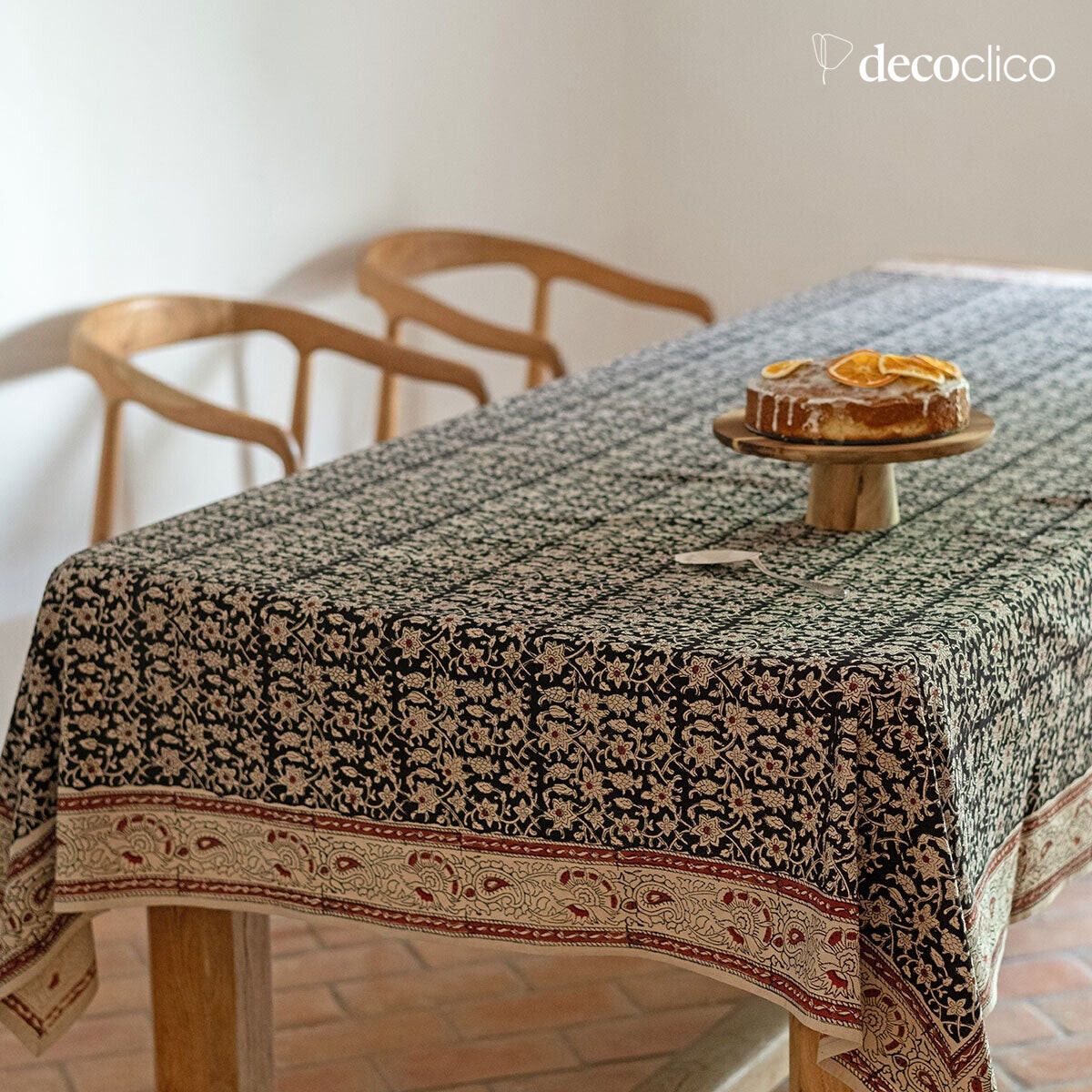 Rectangular handmade block-printed cotton tablecloth, predominantly charcoal gray Pamir