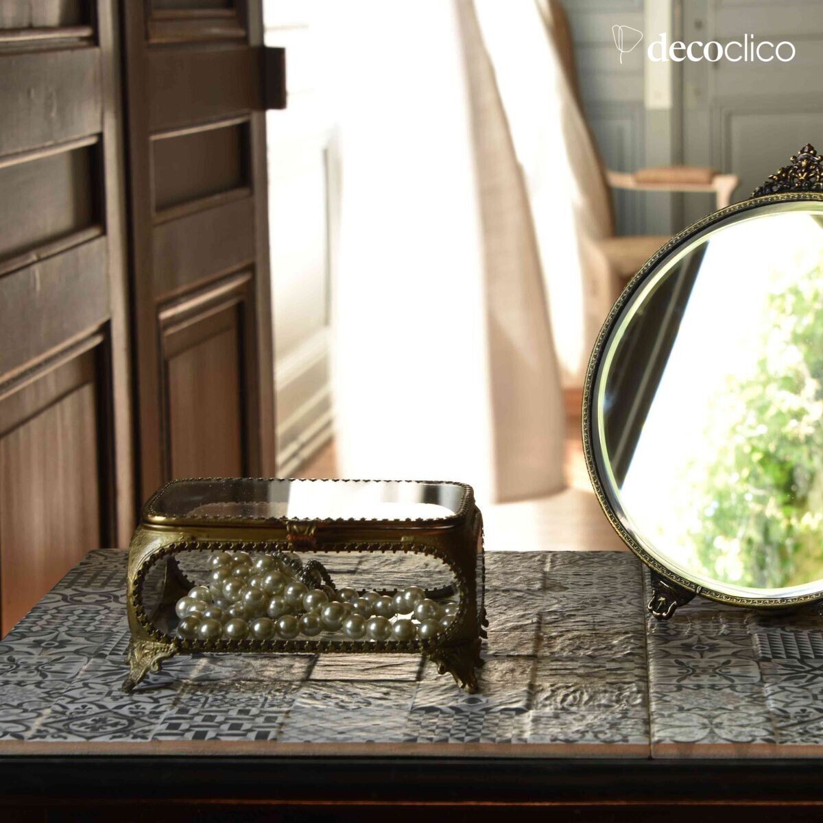 Rectangular jewelry box in glass and metal with antique brass color Javotte