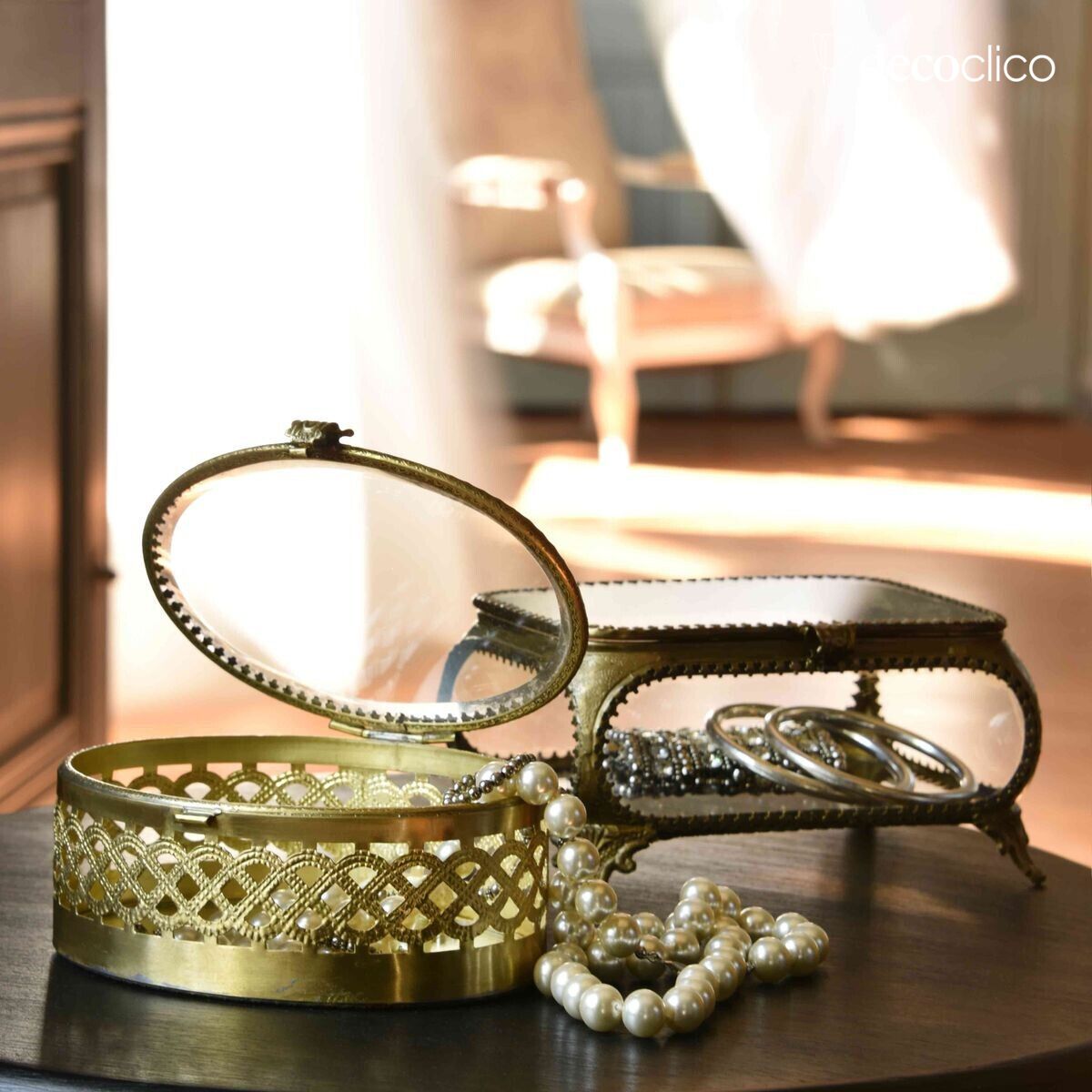 Rectangular jewelry box in glass and metal with antique brass color Javotte