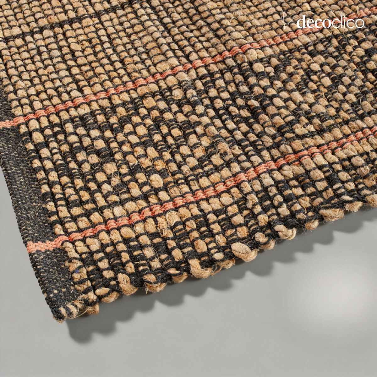 Rectangular mat in natural jute and hand-woven black cotton, 160 x 230 cm Vaiana