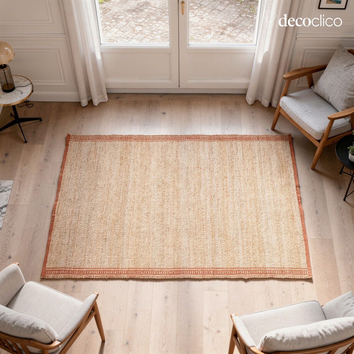Rectangular mat in natural jute and hand-woven terracotta cotton 160 x 230 cm Vaiana