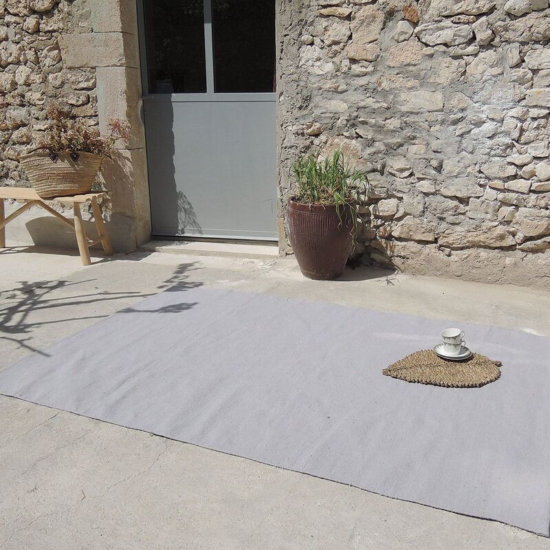 Rectangular mat in pearl gray hand-woven recycled fibers, indoor/outdoor, 160 cm Moka
