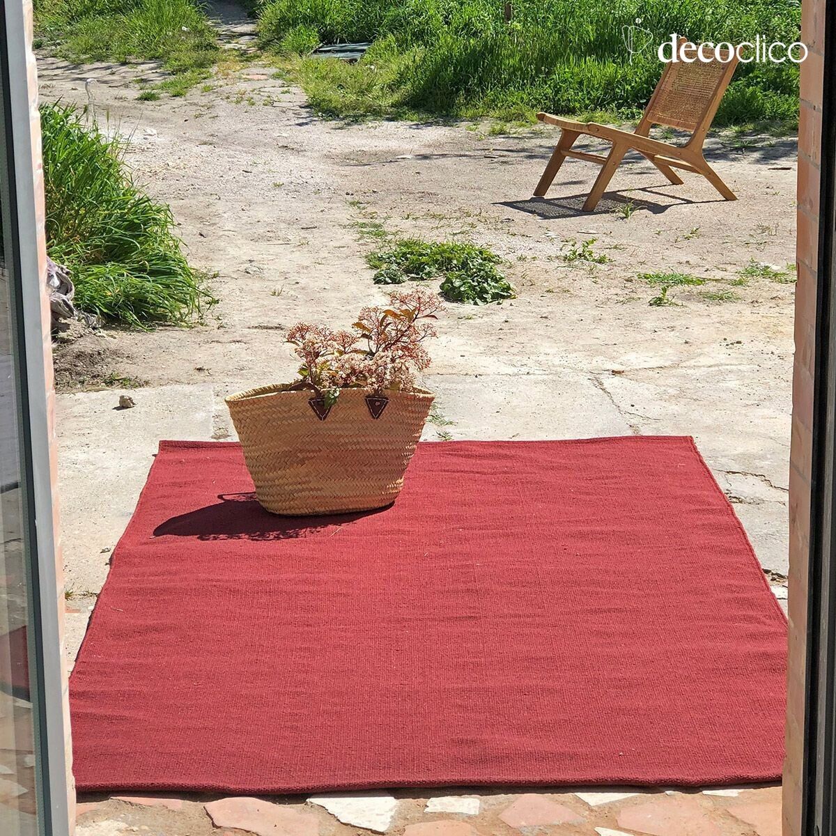 Rectangular mat in recycled fibers, hand-woven, terracotta, indoor/outdoor, 140 cm Moka