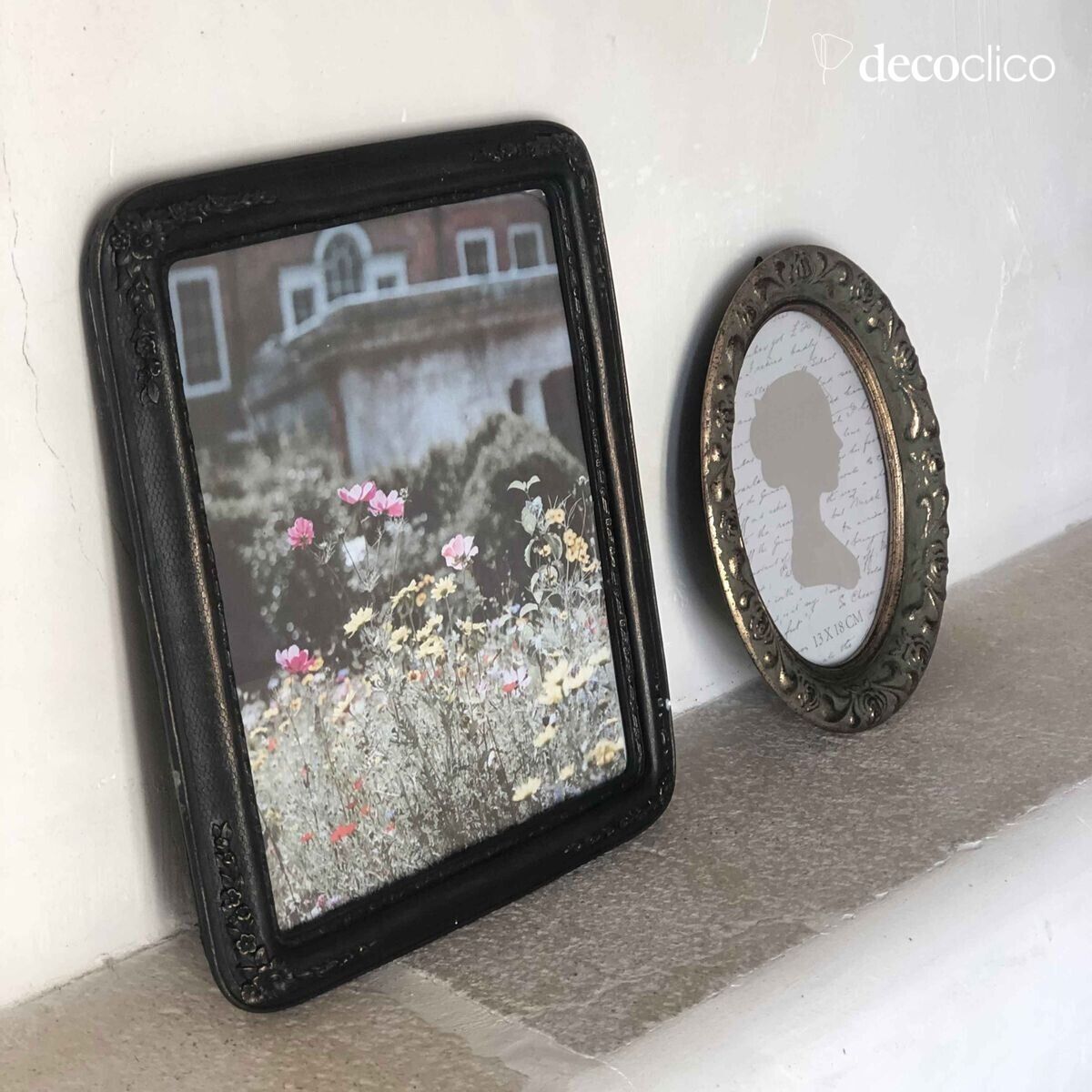 Rectangular matt black photo frame with a patinated garland relief 30 x 25 cm Man