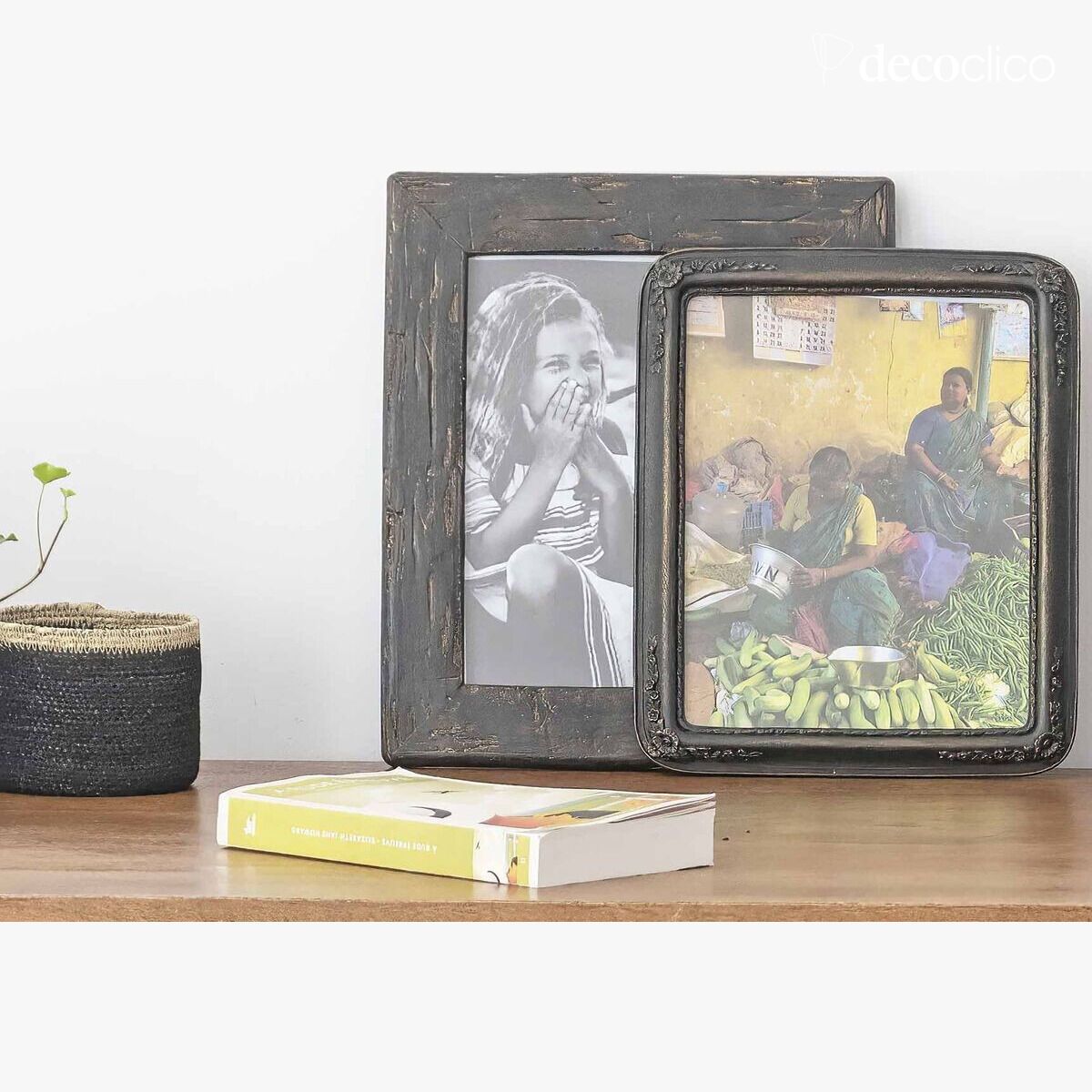 Rectangular matt black photo frame with a patinated garland relief 30 x 25 cm Man