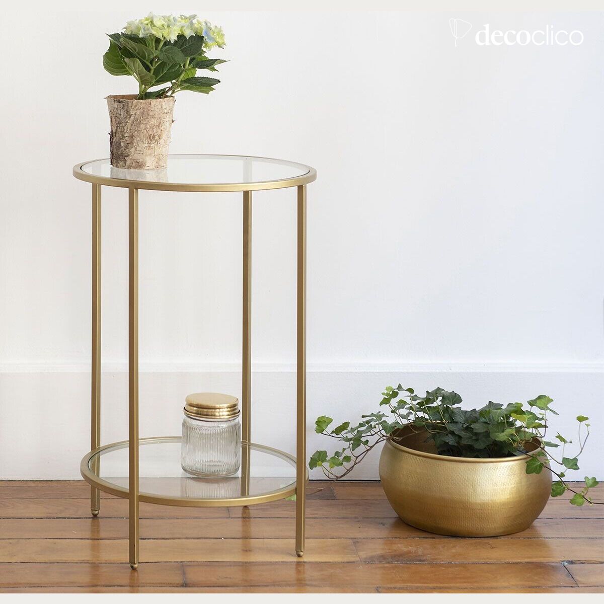 Ronde glazen en metalen kolomtafel met antiek messing afwerking Mira