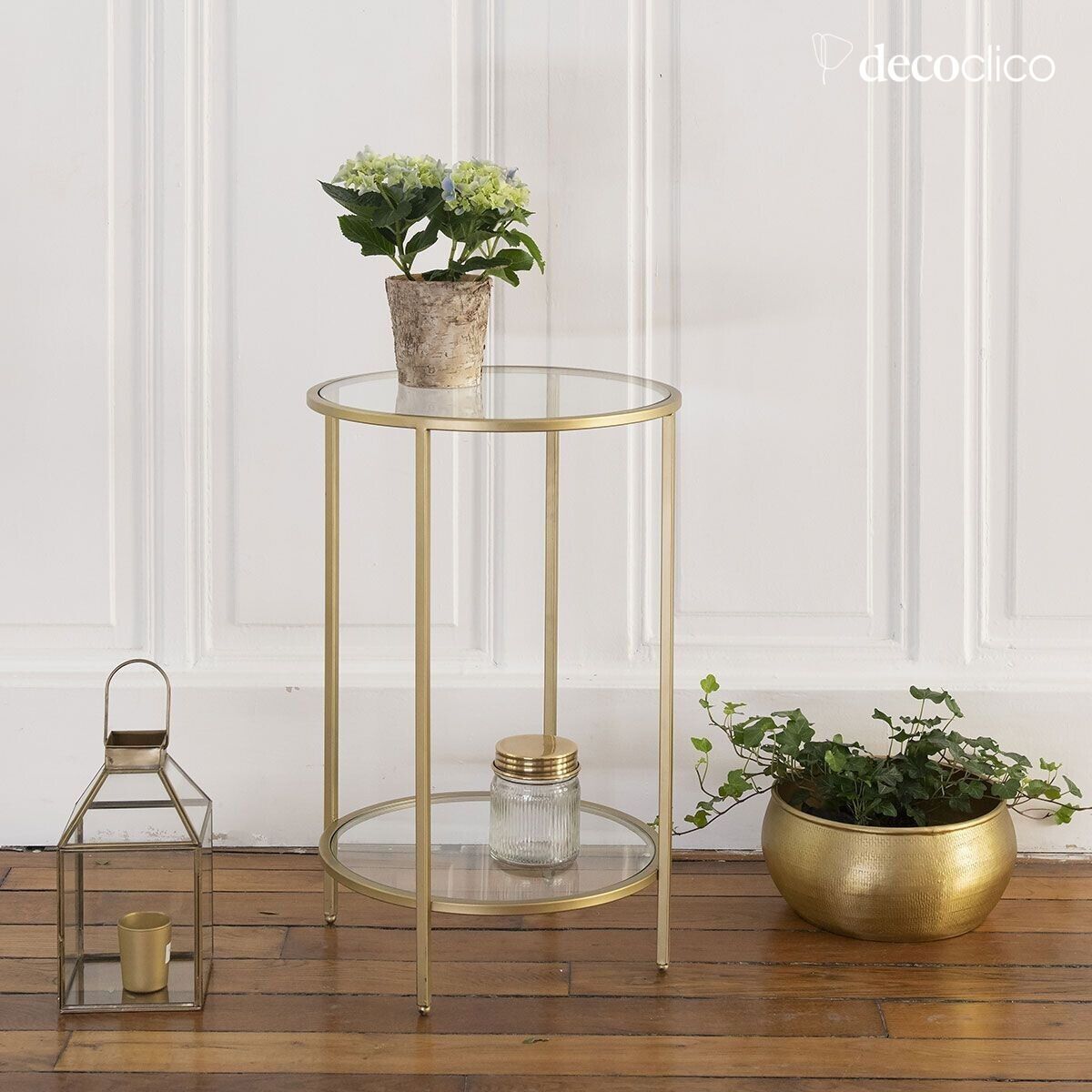 Ronde glazen en metalen kolomtafel met antiek messing afwerking Mira