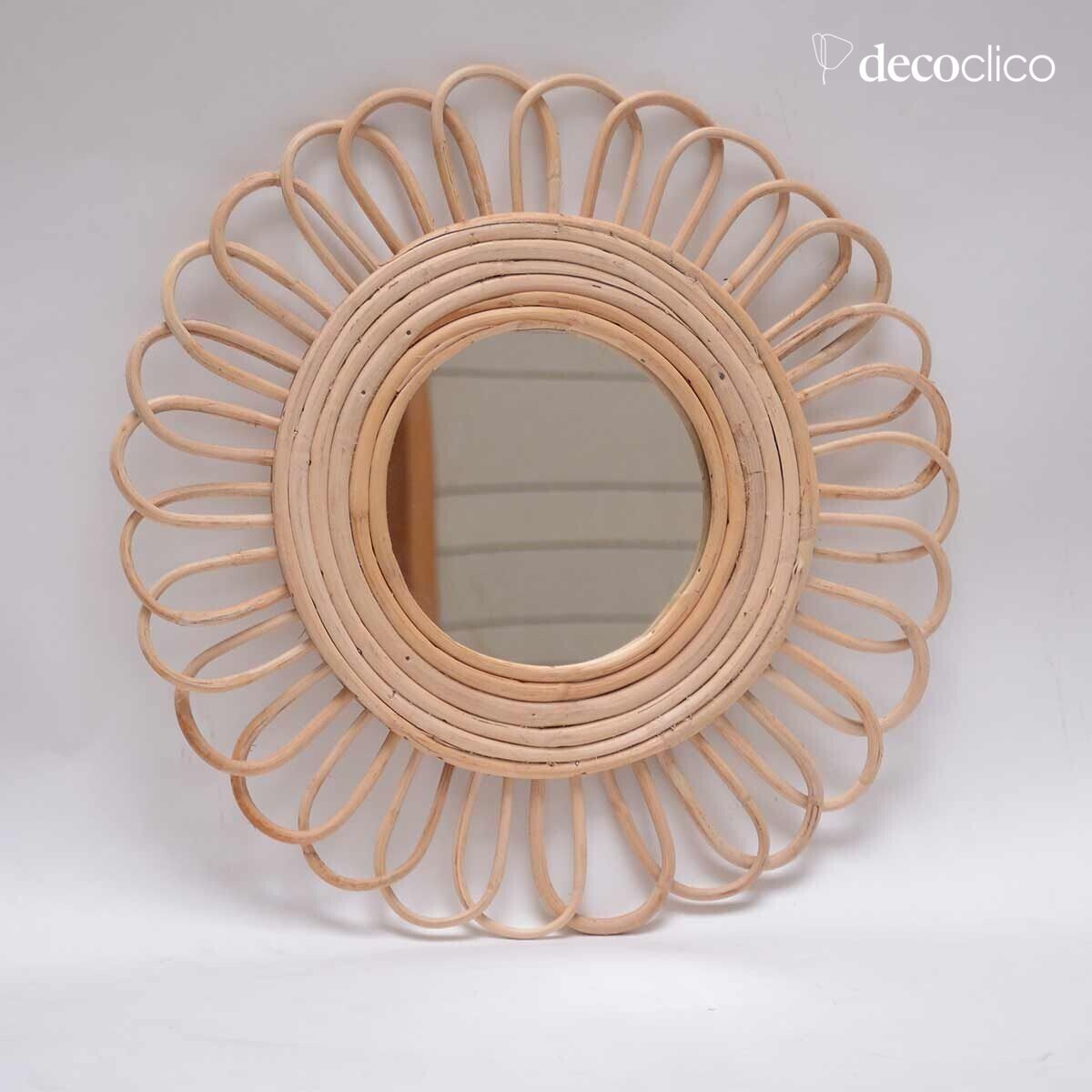Ronde vintage bloemenspiegel in natuurlijk rotan 48 cm Moka