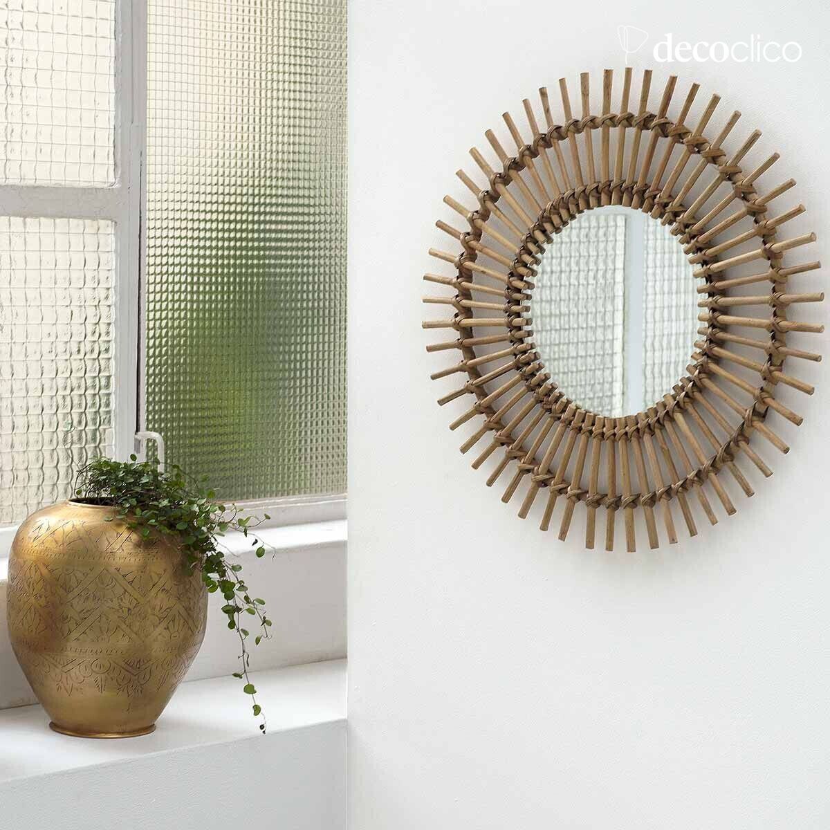 Ronde vintage sunburst spiegel in natuurlijk rotan 56 cm Moka