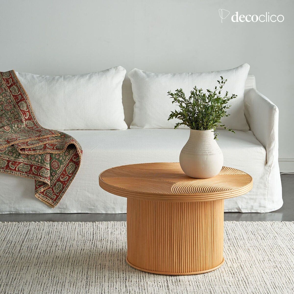 Round low table in laminated rattan, diameter 80 cm