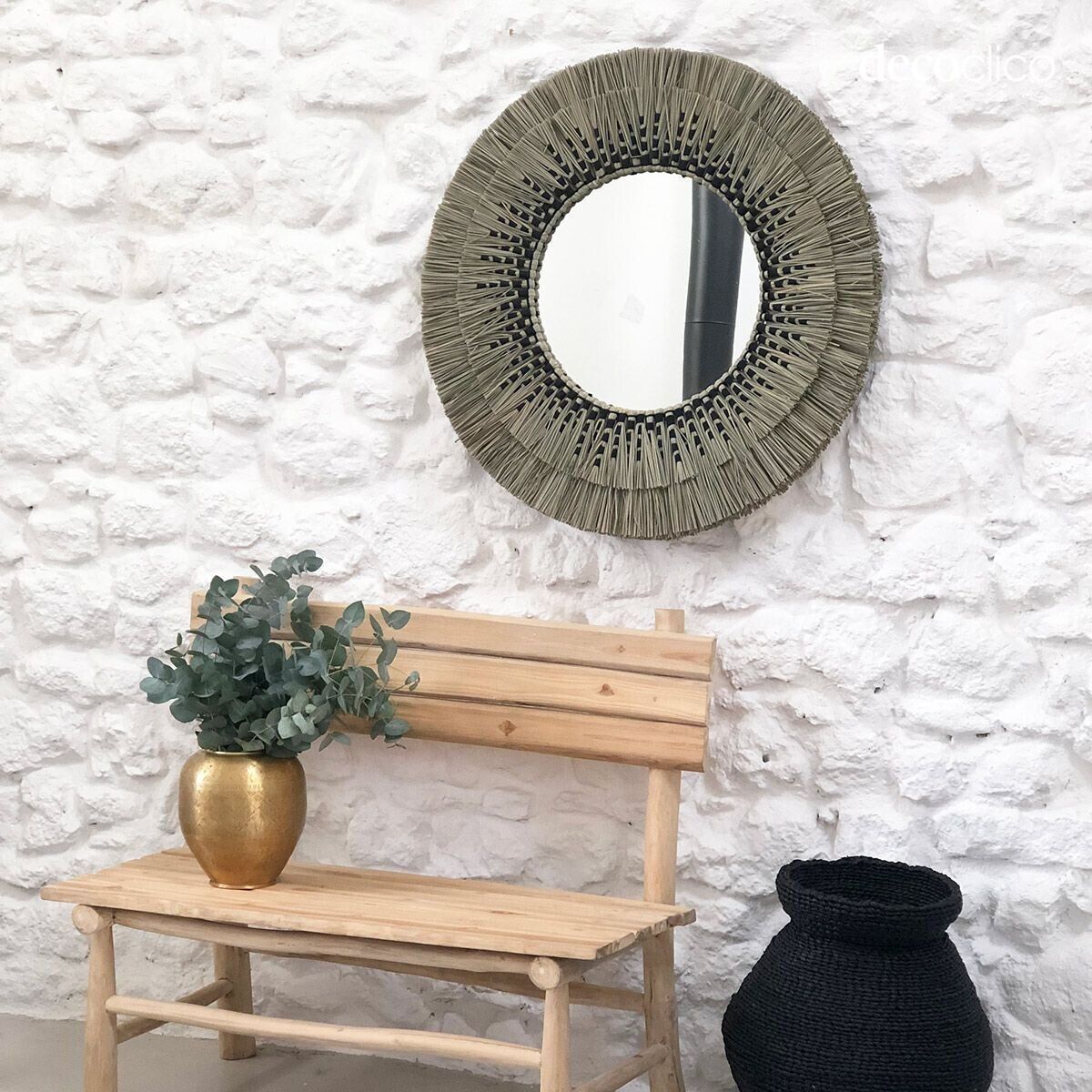 Round mirror in natural and black mendong straw 80 cm  Sorong