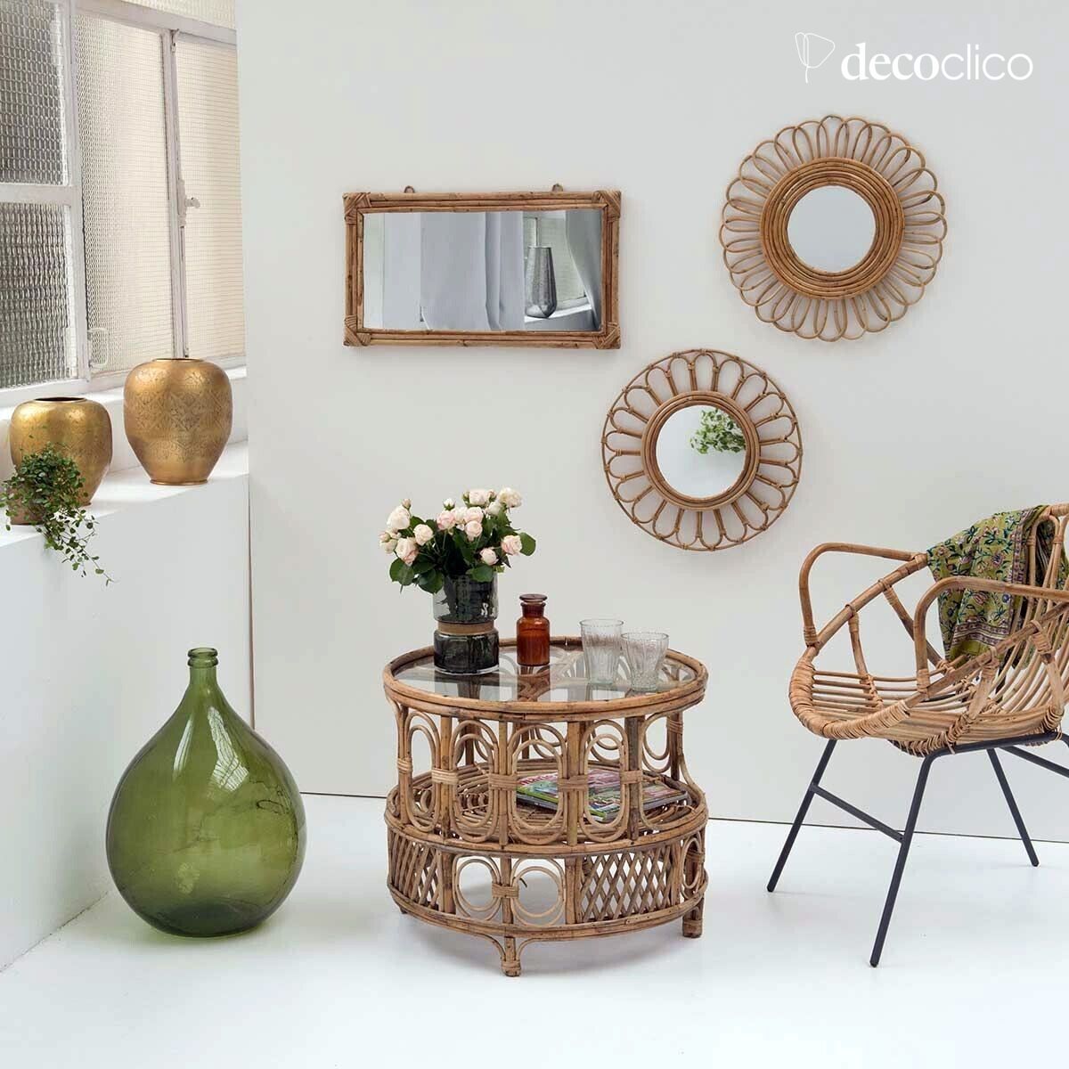 Round mirror, vintage flower, natural rattan, 45 cm Moka