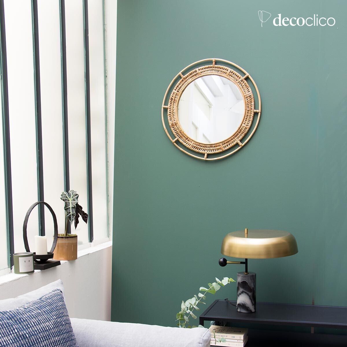 Round natural rattan mirror 60 cm  Moka