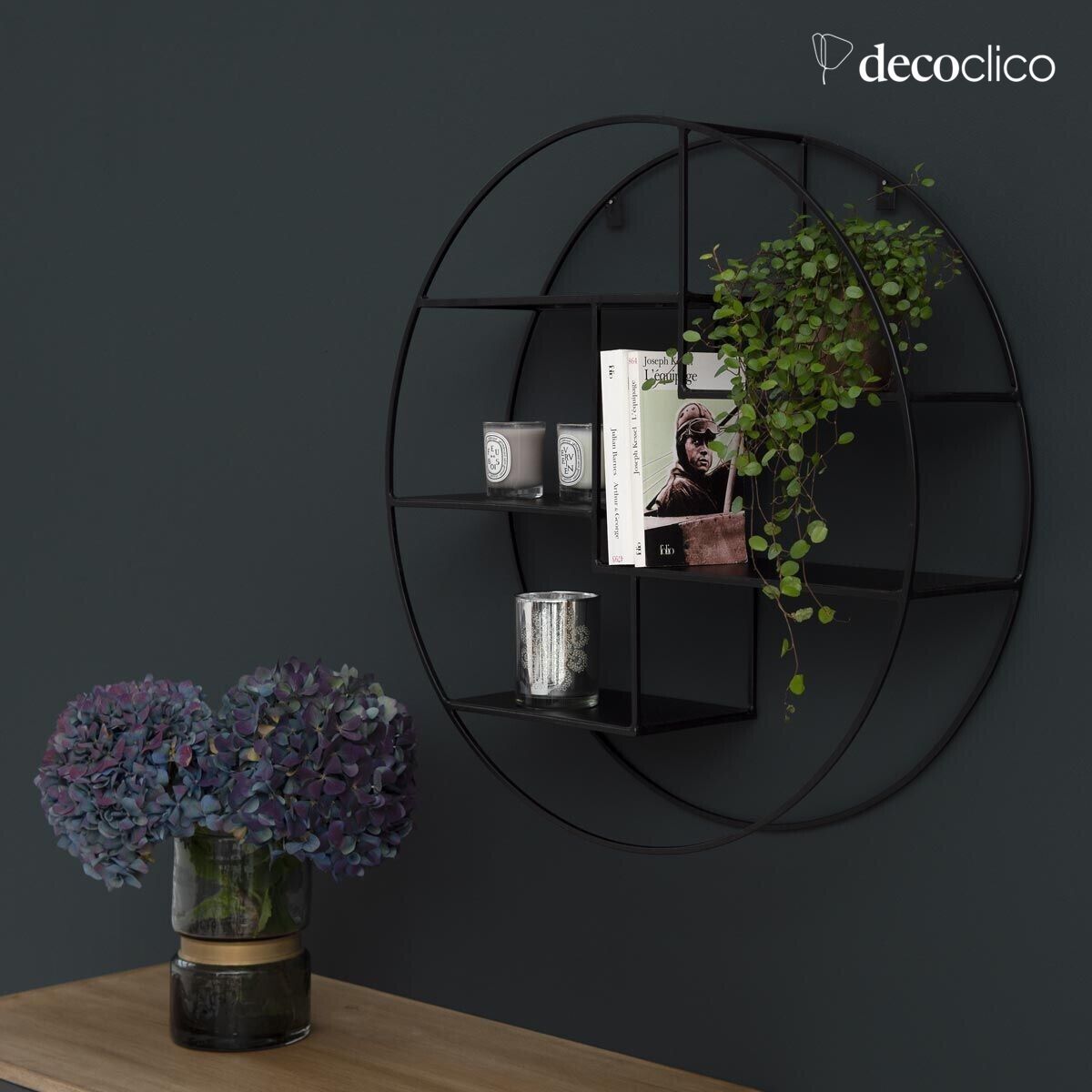 Round wall shelf in black-finished wire-mesh metal, 60 cm Uptown