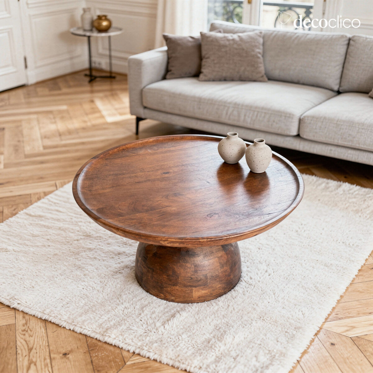 Runder Couchtisch aus Massivholz, Braun Totem