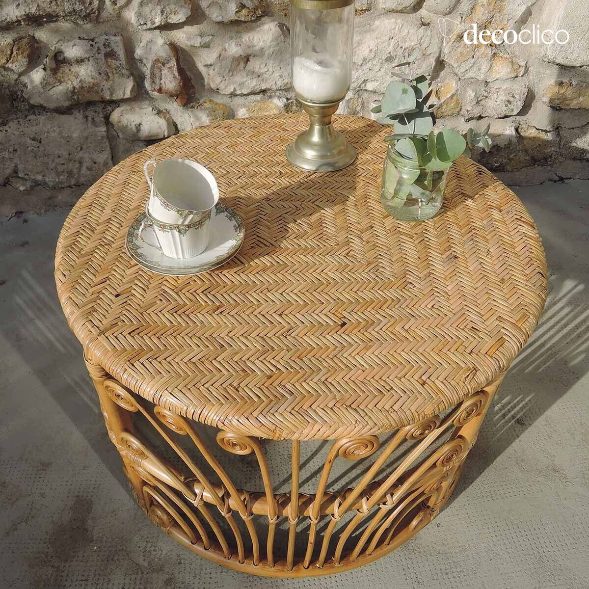 Runder Couchtisch aus natürlichem Rattan und geflochtener Tischplatte Pavone