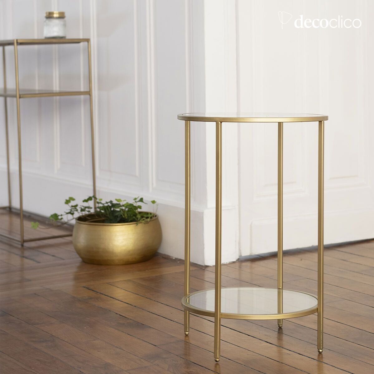 Runder Tisch aus Glas und Metall mit antikem Messing-Finish Mira