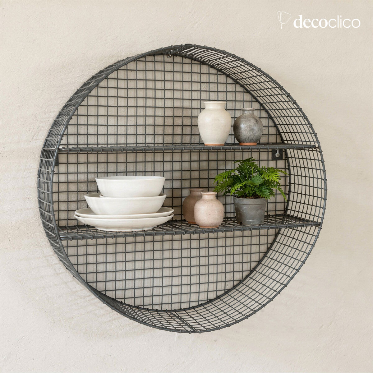 Rundes Wandregal aus anthrazitfarbenem Drahtgitter Greed