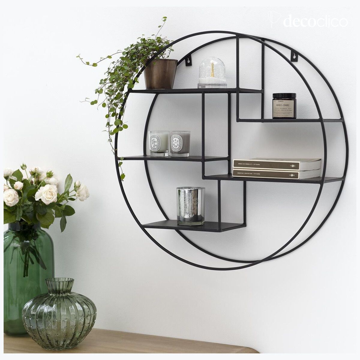 Rundes Wandregal aus Drahtmetall in Schwarz 60 cm Uptown