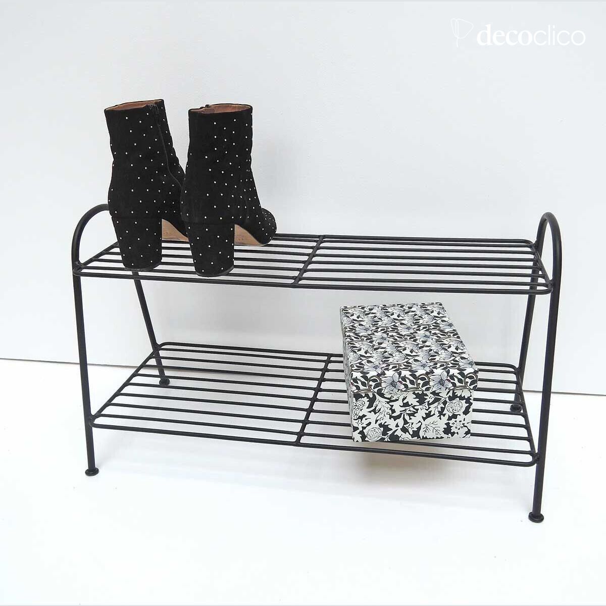 Scarpiera in metallo nero a filo 2 ripiani