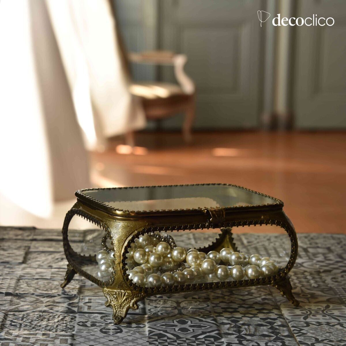 Scatola portagioie rettangolare in vetro e metallo color ottone anticato Javotte