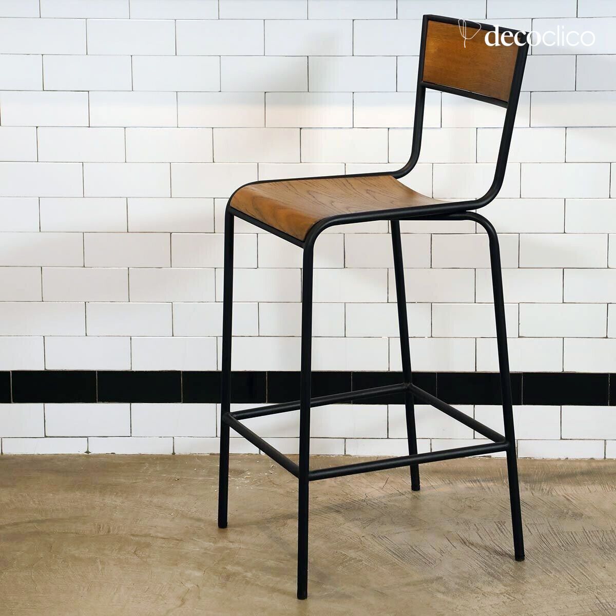 Schoolboy-style bar stool in matt black metal and wood Grant