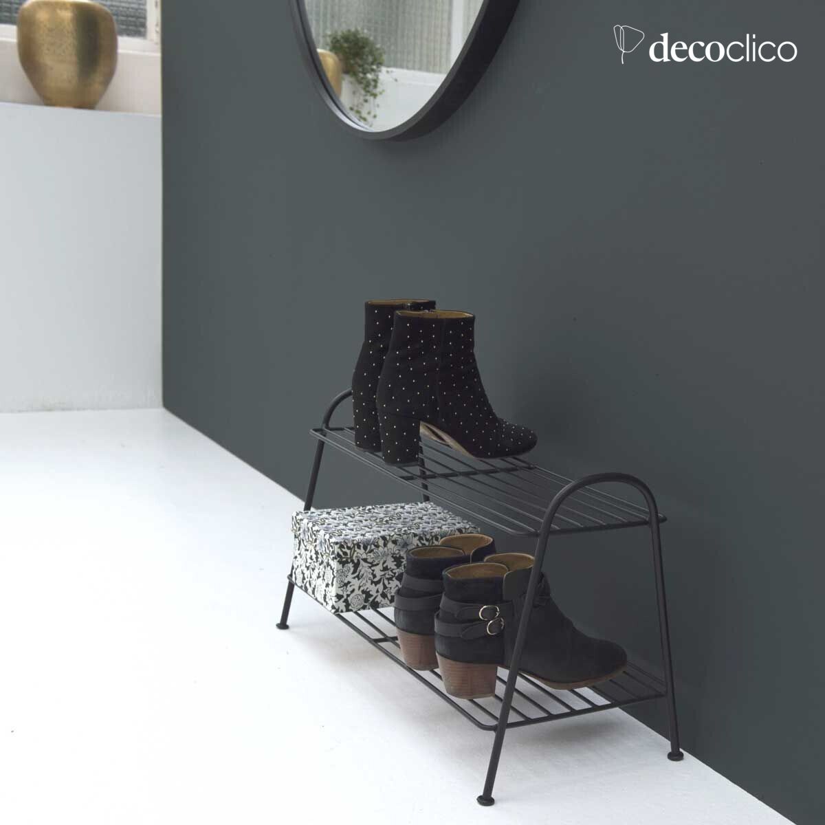 Schuhregal aus schwarzem Drahtmetall, 2 Ebenen