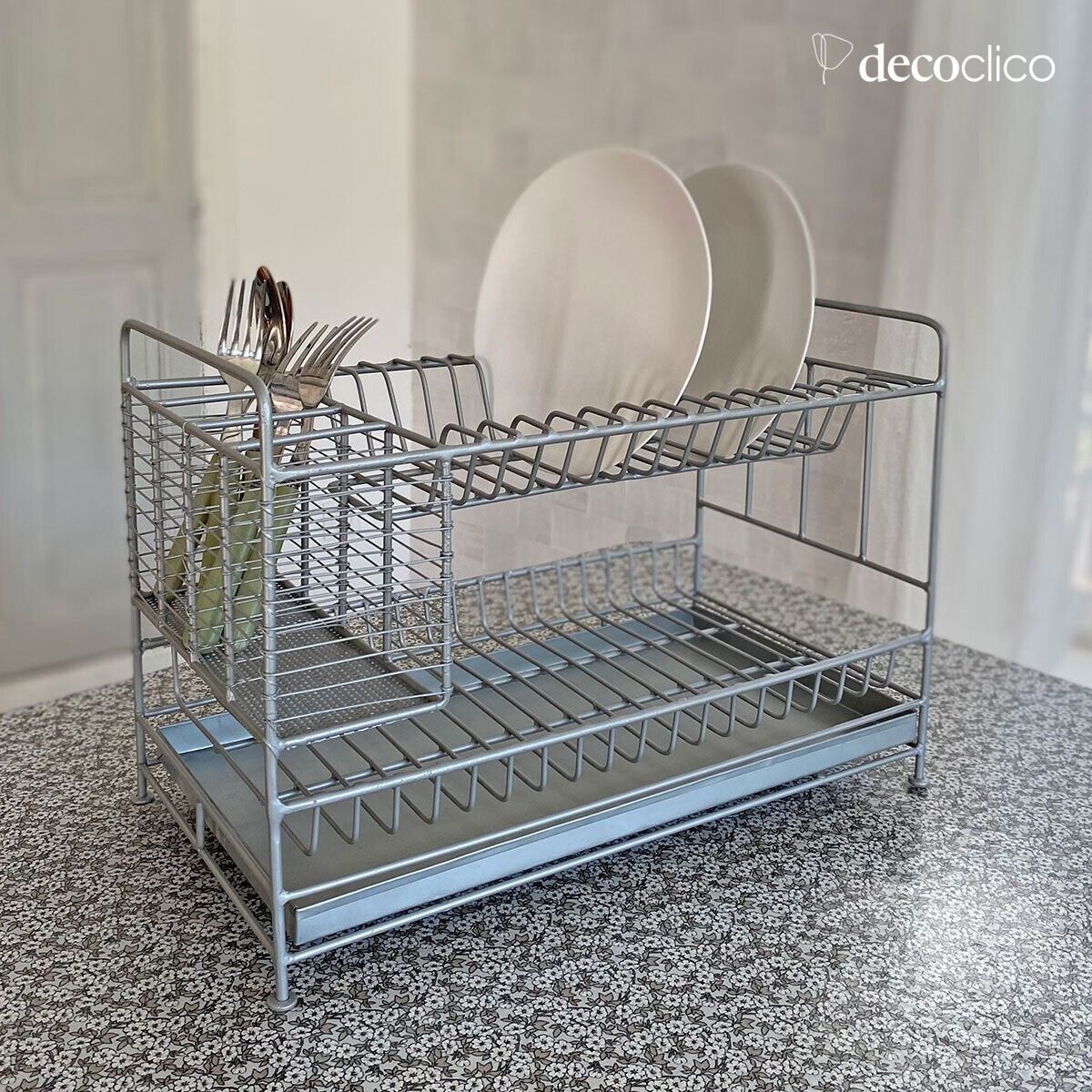 Scolapiatti in metallo con finitura grigio zincato e vassoio rimovibile