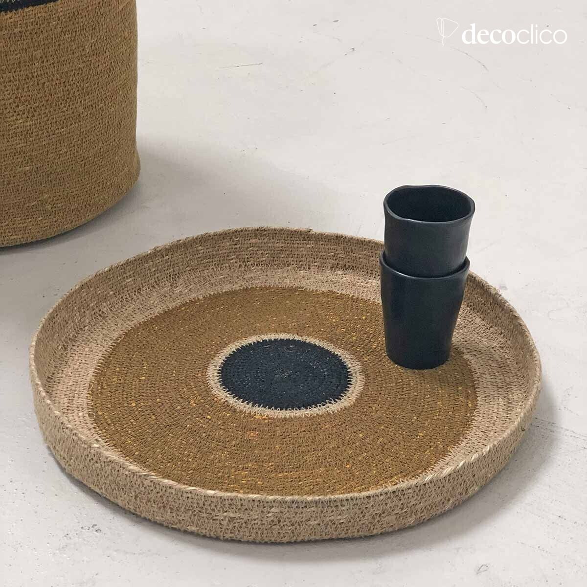 Sea-grass mat with mustard and black stripes Bayadère Casatera